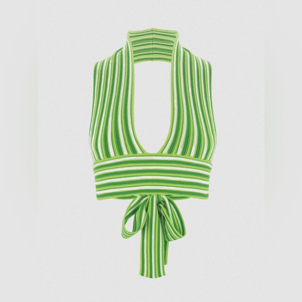 Cider Green Striped Pattern Wide Strap Tie Back Halter Tank Top Size S Small